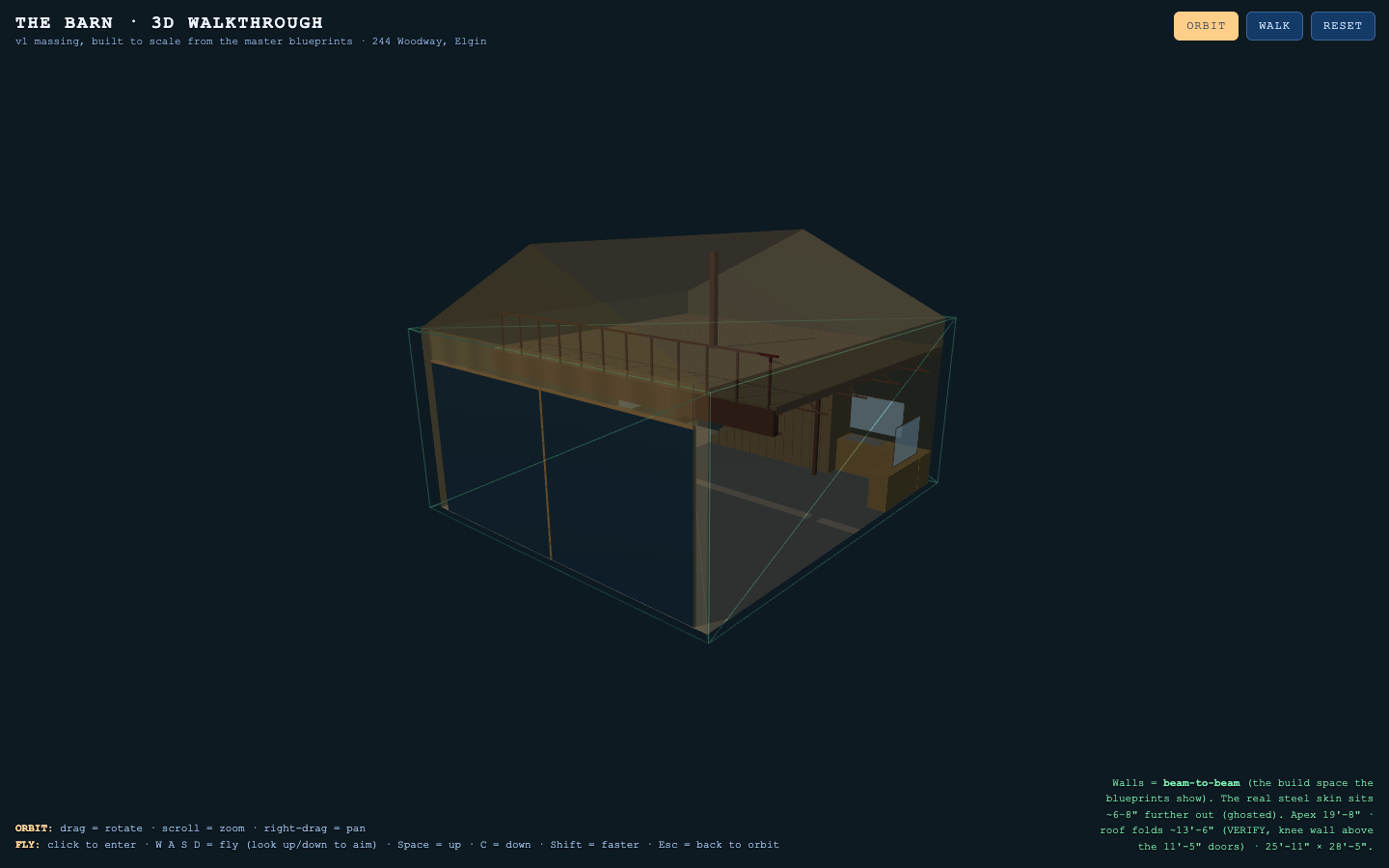 3D model of the barn, loft, beam, stairs, kitchen, doors