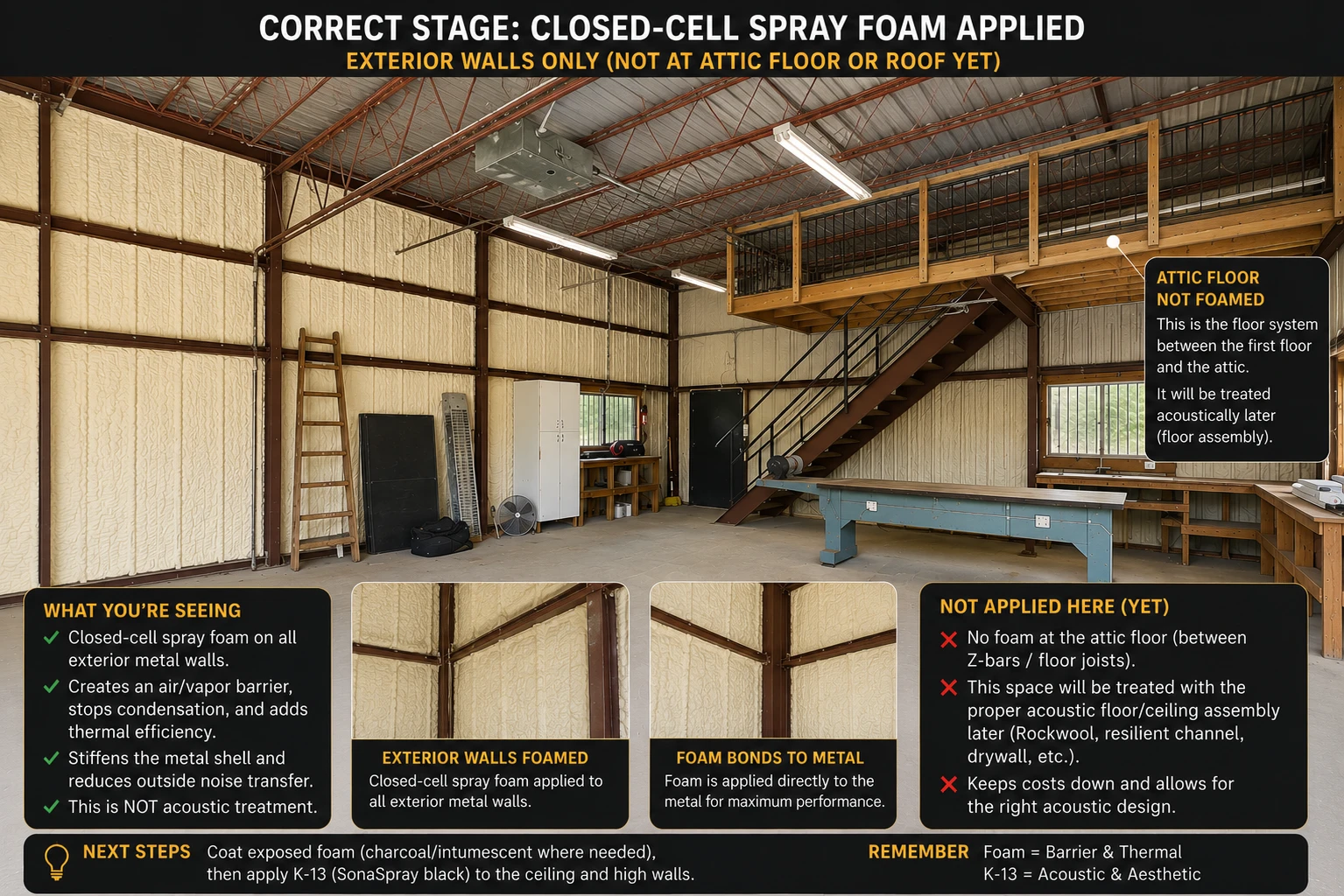 The barn interior with closed-cell spray foam applied to all exterior metal walls, the attic floor left un-foamed, annotated with the correct build stage and next steps